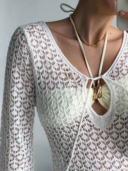 Пляжне плаття в'язане коротке виріз крапля рукав довгий, білий М 2974-М фото